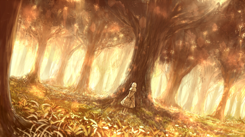 1girl bag blonde_hair bou_nin dress forest grass highres looking_at_viewer nature original scenery shawl short_hair solo standing tree yellow