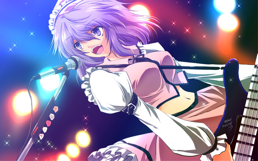 1girl between_breasts blue_hair breasts crop_top dress guitar hat highres instrument juliet_sleeves large_breasts long_sleeves merlin_prismriver microphone midriff navel nekominase open_mouth pink_dress playing_instrument puffy_sleeves smile solo stage_lights teeth touhou violet_eyes