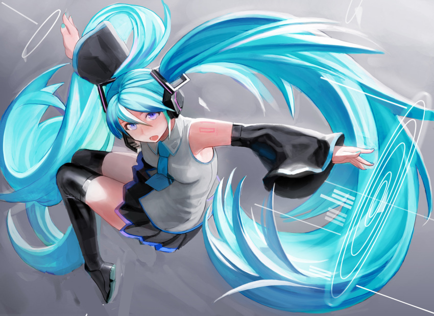 1girl black_skirt blue_hair boots detached_sleeves hatsune_miku headset highres long_hair mamushi necktie open_mouth outstretched_arms pleated_skirt skirt solo spread_arms thigh-highs thigh_boots twintails very_long_hair violet_eyes vocaloid wide_sleeves wing_collar