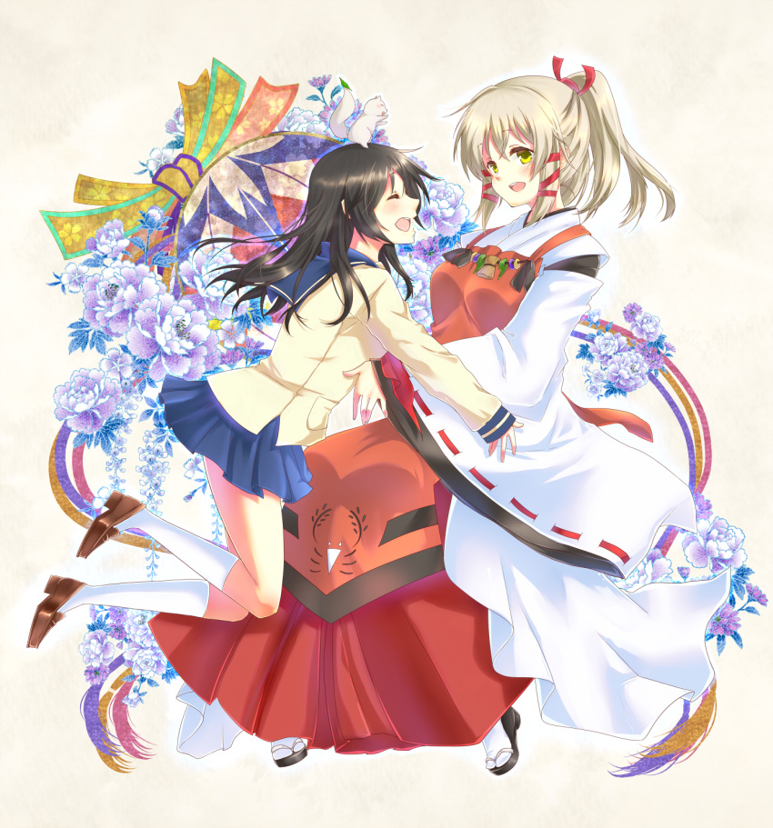 2girls :d animal_on_head artist_request blonde_hair blue_skirt brown_hair floral_background flower fox friends full_body fushimi_inari geta hair_ribbon happy high_ponytail highres inari_konkon_koi_iroha. japanese_clothes kneehighs kon_(inakon) long_hair long_sleeves multiple_girls open_mouth ribbon school_uniform serafuku shoes side skirt sleeves_past_wrists smile tabi traditional_clothes tress_ribbon uka-no-mitama-no-kami_(inakon) white_legwear wide_sleeves yellow_eyes