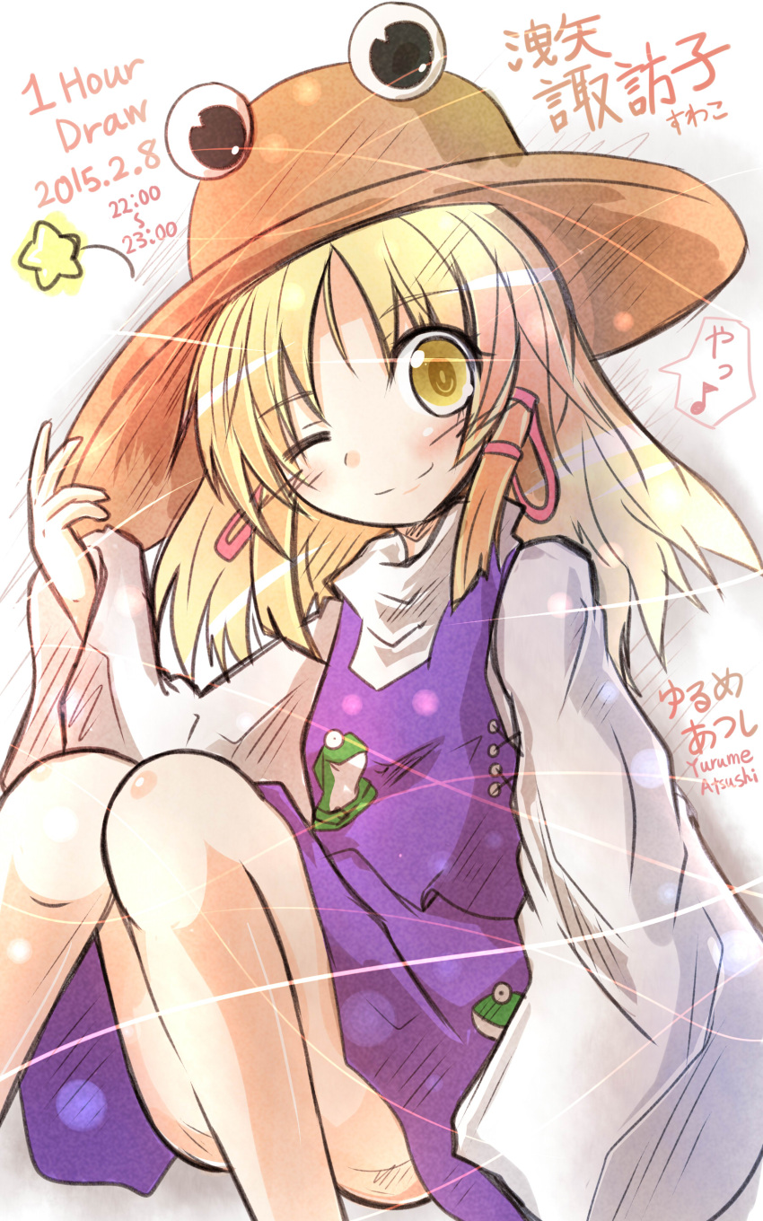 1girl ;) absurdres blonde_hair bow hair_bow hair_ribbon hat highres long_hair looking_at_viewer moriya_suwako one_eye_closed ribbon sitting sketch smile solo touhou translation_request yellow_eyes yurume_atsushi