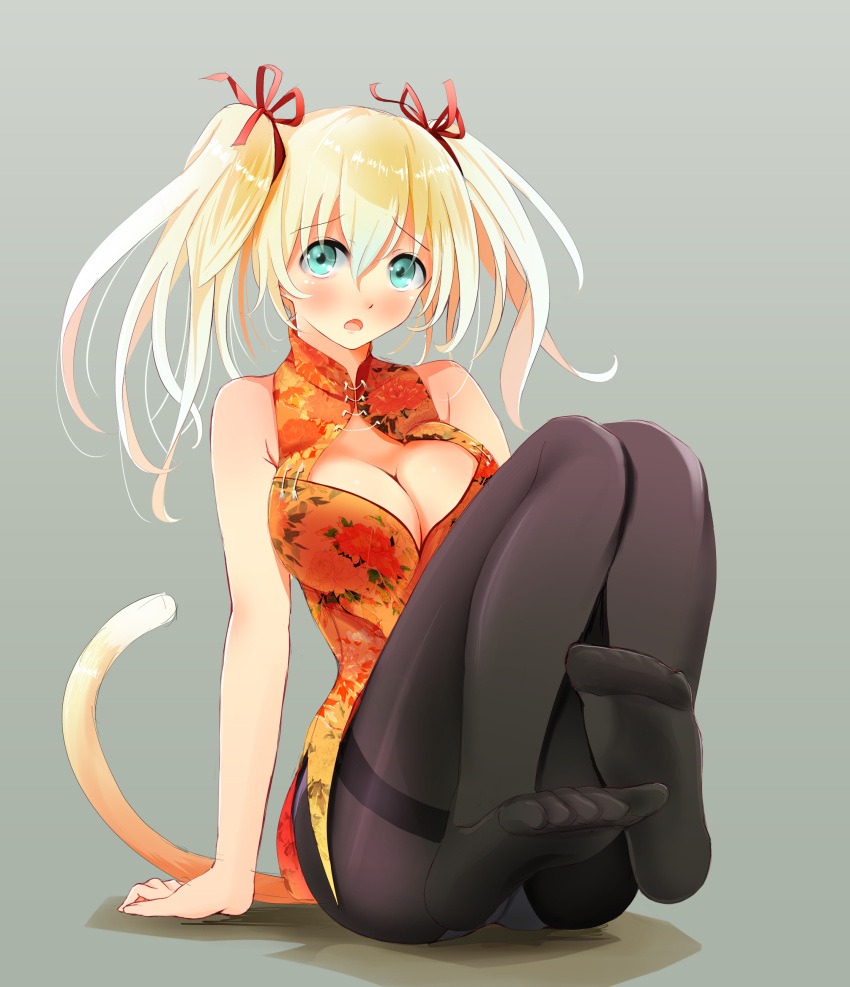 1girl absurdres aqua_eyes black_legwear blonde_hair breasts cat_tail china_dress chinese_clothes cleavage commentary dated feet grey_background hair_ribbon highres large_breasts looking_at_viewer original panties panties_under_pantyhose pantyhose pantyshot ribbon solo tail tbd11 translated twintails underwear white_panties