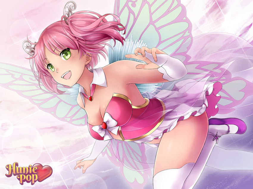 1girl artist_request bare_shoulders blush breasts bridal_gauntlets cleavage detached_collar fairy fairy_wings green_eyes hair_ornament hairclip hunie_pop kyu_sugardust official_art pink_hair short_twintails showgirl_skirt smile solo thigh-highs twintails watermark white_legwear wings