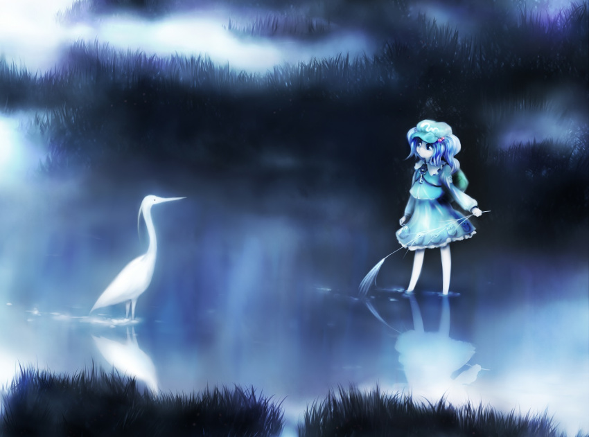 1girl animal backpack bag bird blue_eyes blue_hair branch cabbie_hat cattail dress frilled_skirt frills fuonon hair_bobbles hair_ornament hat highres kawashiro_nitori key long_sleeves looking_at_another mist nature partially_submerged plant pocket pond reflection short_hair short_twintails skirt skirt_set solo stork touhou twintails water