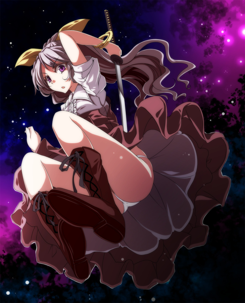 1girl ass boots bow bracelet cross-laced_footwear dress dress_shirt from_below hair_bow highres jewelry katana lace-up_boots long_hair looking_at_viewer looking_down night night_sky panties pantyshot ponytail purple_hair s-syogo shirt short_sleeves skirt sky solo star_(sky) starry_sky sword touhou underwear upskirt violet_eyes watatsuki_no_yorihime weapon white_panties white_shirt
