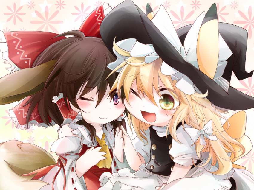 2girls :3 :d ahoge apron ascot blonde_hair blush bow braid brown_hair chibi detached_sleeves dress eevee_ears eevee_tail fang hair_bow hair_tubes hakurei_reimu hands_together hat highres kemonomimi_mode kirisame_marisa multiple_girls open_mouth pikachu_ears pikachu_tail pokemon pokemon_ears single_braid smile tail touhou vest violet_eyes waist_apron witch_hat yellow_eyes