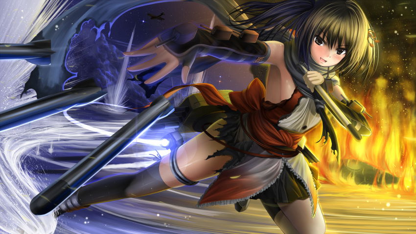 1girl airplane black_legwear brown_eyes brown_hair cannon elbow_gloves fingerless_gloves fire gloves highres kantai_collection machinery night night_sky open_mouth searchlight sendai_(kantai_collection) shibata_rai short_hair single_thighhigh skirt sky smile solo star_(sky) starry_sky thigh-highs thigh_strap torn_clothes torn_skirt torpedo two_side_up