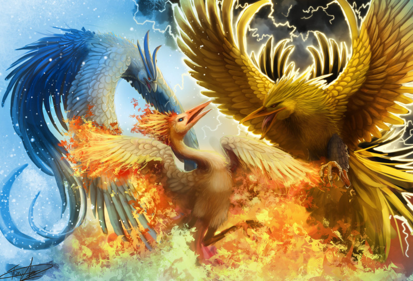 articuno beak bird blue_eyes clouds dark_clouds feathered_wings feathers fire flying moltres no_humans on_fire pokemon pokemon_(creature) pokemon_(game) pokemon_rgby realistic red_eyes ruth-tay sky snow thunder tongue wings zapdos