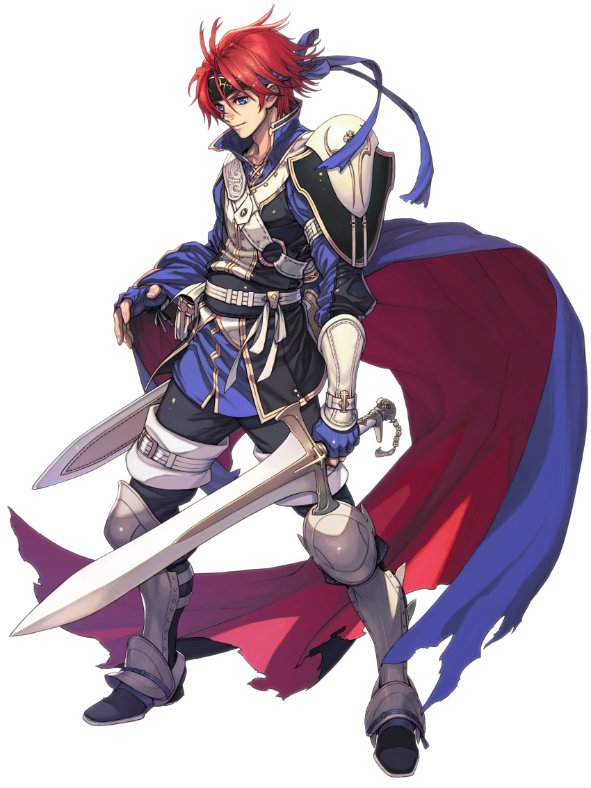 absurdres armor blue_eyes cape fire_emblem fire_emblem:_kakusei fujisaka_kimihiko headband highres official_art redhead roy_(fire_emblem) smile solo sword weapon