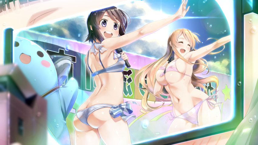 2girls arched_back ass bare_shoulders bikini blonde_hair breasts brown_hair cleavage closed_eyes contrapposto front-tie_top futsuu_no_joshikousei_ga_locodol_yattemita highres huge_breasts kohinata_yukari long_hair microphone multiple_girls navel nomal open_mouth short_hair side-tie_bikini simple_background stage swimsuit uogokoro-kun usami_nanako violet_eyes white_background wireless