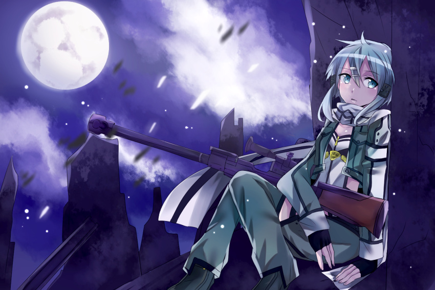 1girl anti-materiel_rifle aqua_hair fingerless_gloves getsuyoubi gloves gun moon rifle scarf shinon_(sao) short_hair sniper_rifle sword_art_online weapon