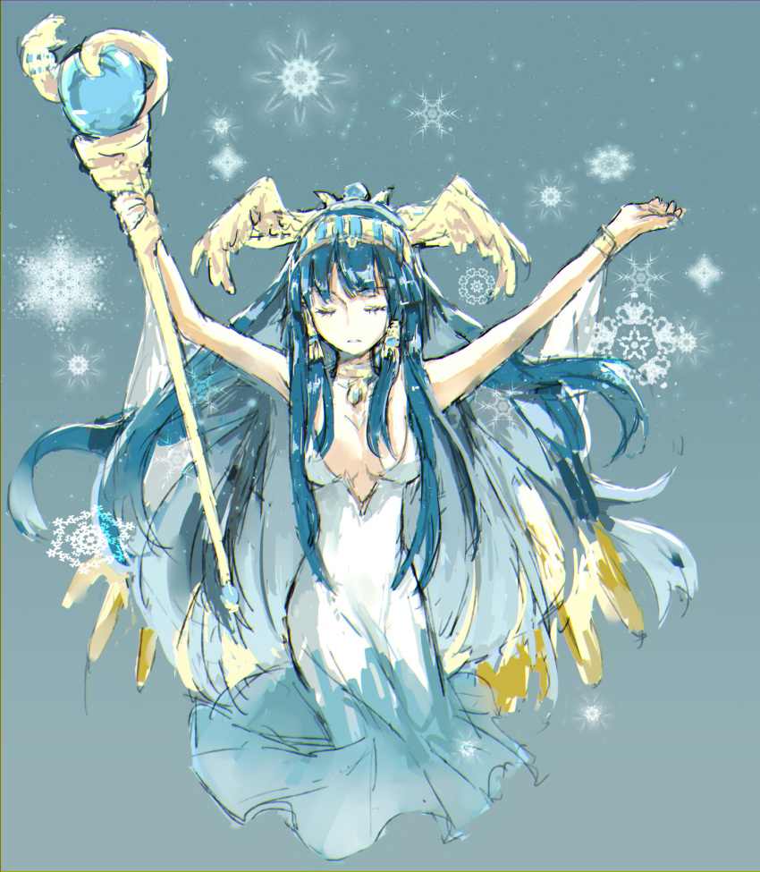 1girl absurdres blue_hair bracelet breasts catzz cleavage closed_eyes dress egyptian hair_tubes hairband highres holding isis_(p&amp;d) jewelry long_hair puzzle_&amp;_dragons snowflakes solo staff very_long_hair white_dress winged_hair_ornament