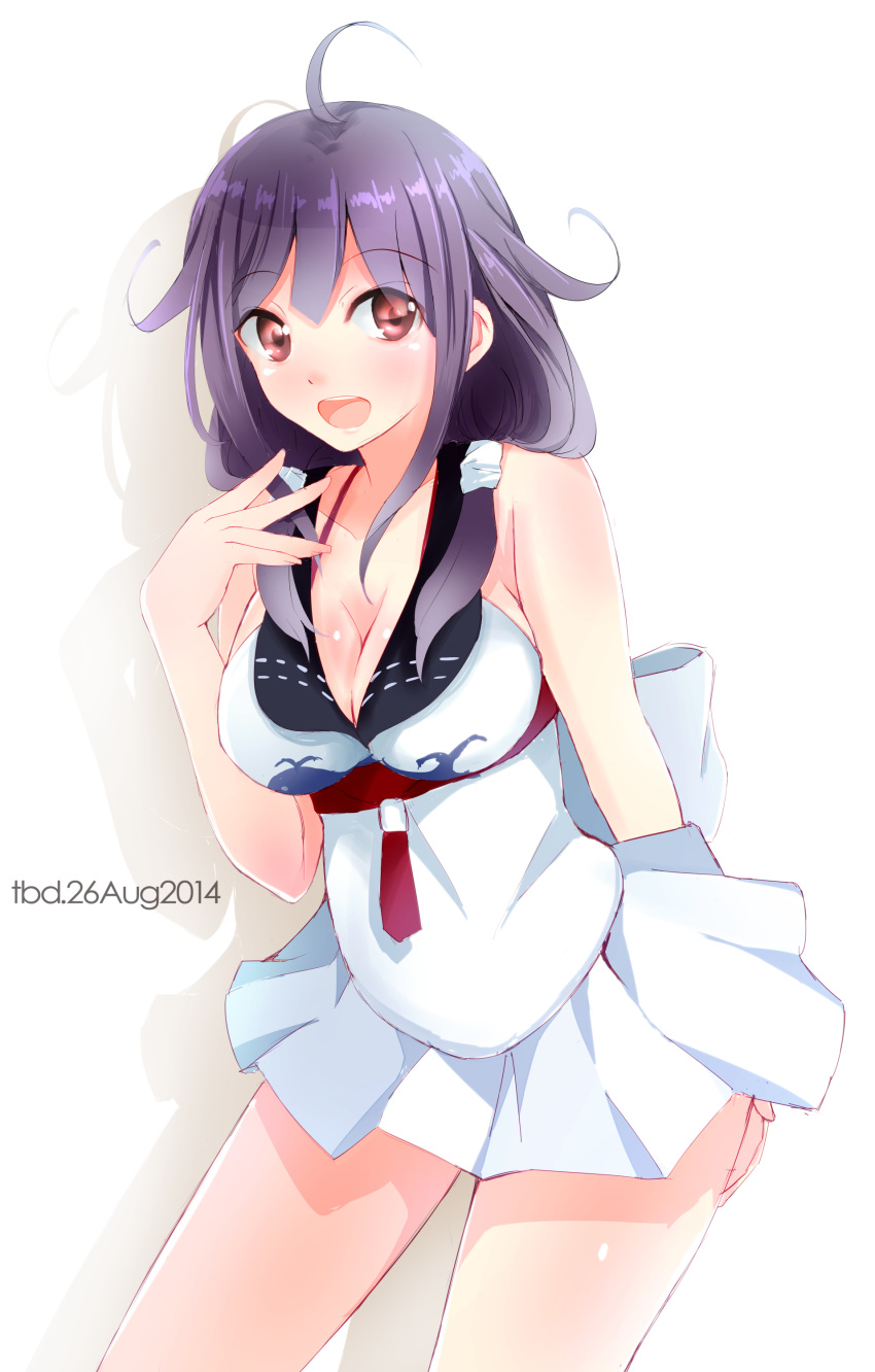 1girl absurdres ahoge blush breasts cleavage dated dress hair_tubes highres kantai_collection large_breasts long_hair low_twintails open_mouth purple_hair red_eyes short_dress solo taigei_(kantai_collection) tbd11 twintails whale