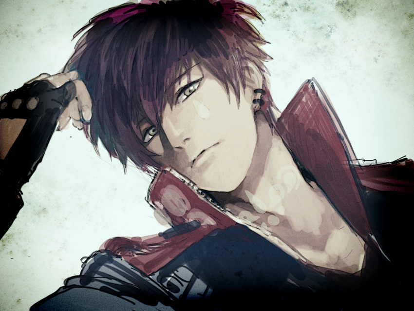 1boy close-up dramatical_murder earrings expressionless fingerless_gloves gloves highres jacket jewelry looking_at_viewer male mizuki_(dramatical_murder) mosako solo tattoo