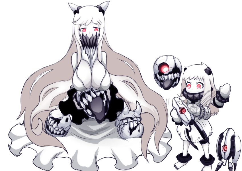 2girls breasts cleavage covered_mouth dress horns kantai_collection large_breasts long_hair midway_hime mittens multiple_girls northern_ocean_hime ogawa-syou pale_skin portal red_eyes shinkaisei-kan simple_background turret_(portal) very_long_hair white_background white_dress white_hair white_skin