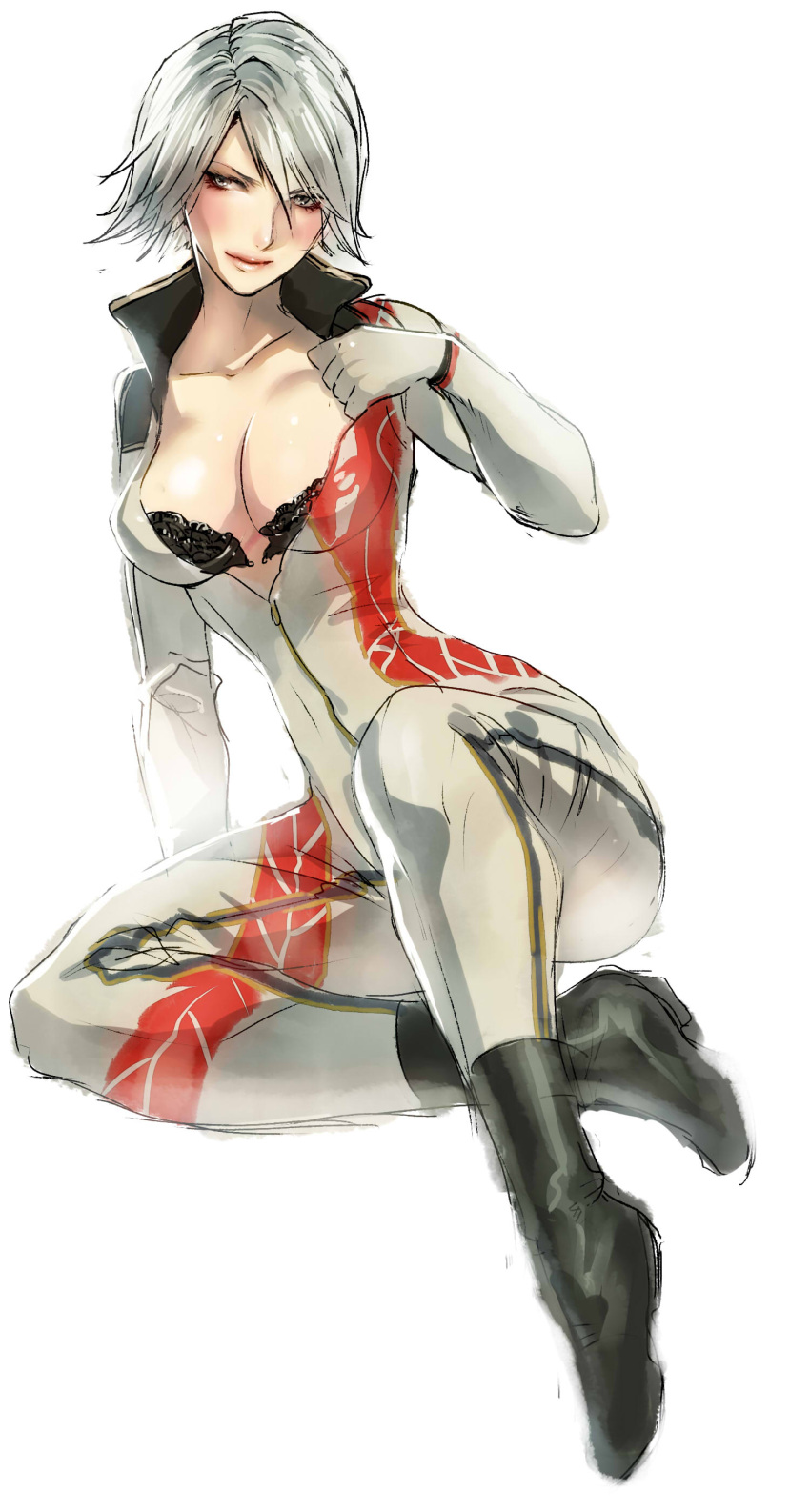 absurdres black_bra blush bra breasts christie christie_(doa) cleavage dead_or_alive dead_or_alive_5 gloves highres jumpsuit katou_teppei lips makeup short_hair sitting solo underwear white_hair