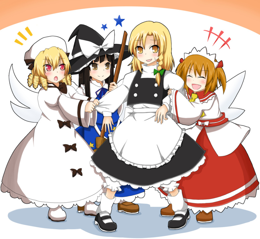 4girls :d :o ^_^ apron ascot black_hair blonde_hair bobby_socks boots bow bowtie braid broom brown_eyes closed_eyes dress drill_hair fairy_wings fenikkusu_takahashi hair_bow hat hat_removed headwear_removed headwear_switch hug kirisame_marisa loafers luna_child mary_janes multiple_girls nervous nervous_smile open_mouth orange_hair red_eyes shoes single_braid sleeve_tug smile socks star_sapphire sunny_milk sweatdrop touhou turtleneck two_side_up waist_apron wings witch_hat yellow_eyes