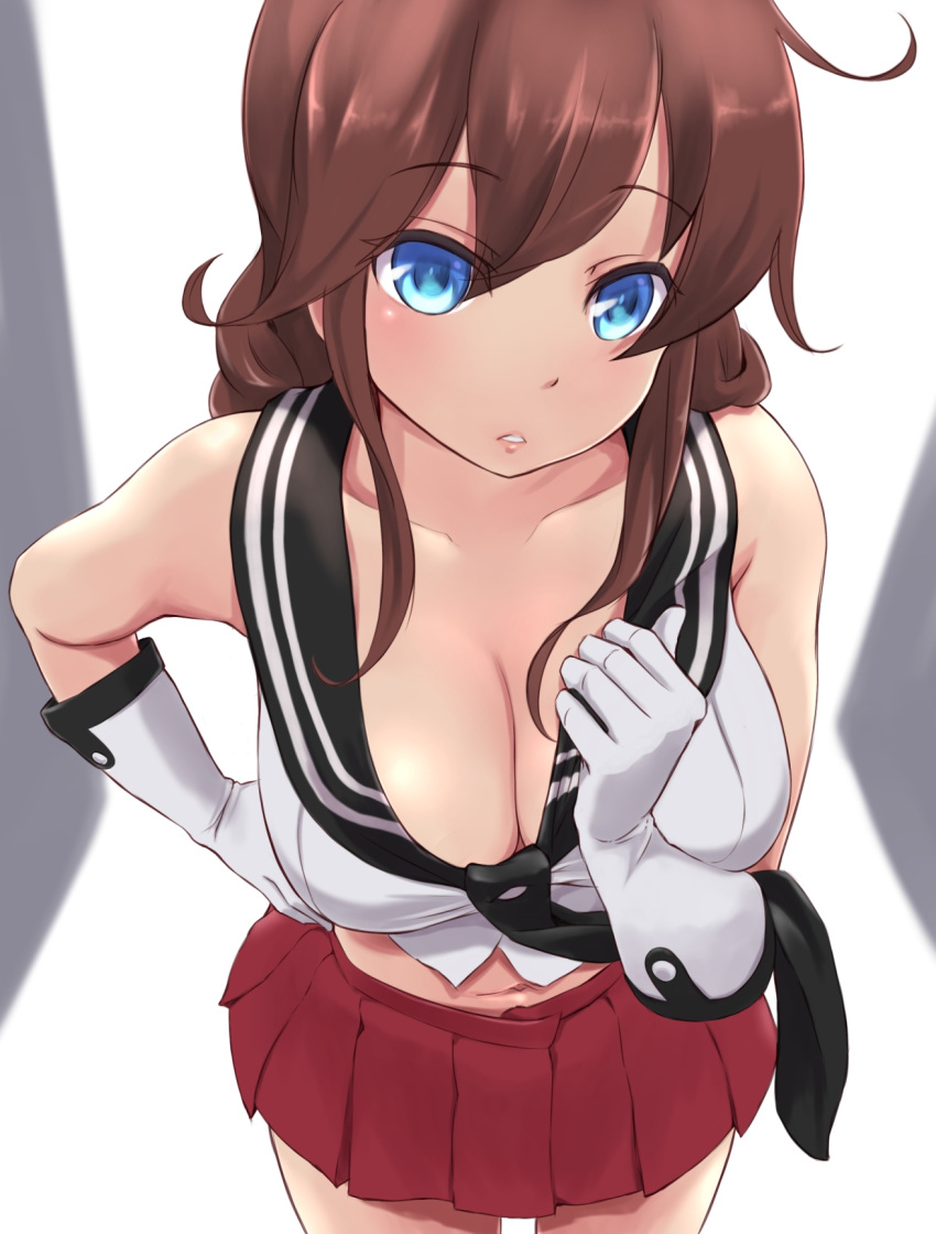 1girl blue_eyes blush braid breasts brown_hair cleavage collarbone gloves highres kantai_collection long_hair looking_at_viewer midriff navel noshiro_(kantai_collection) parted_lips skirt solo twin_braids wa_(genryusui) white_gloves