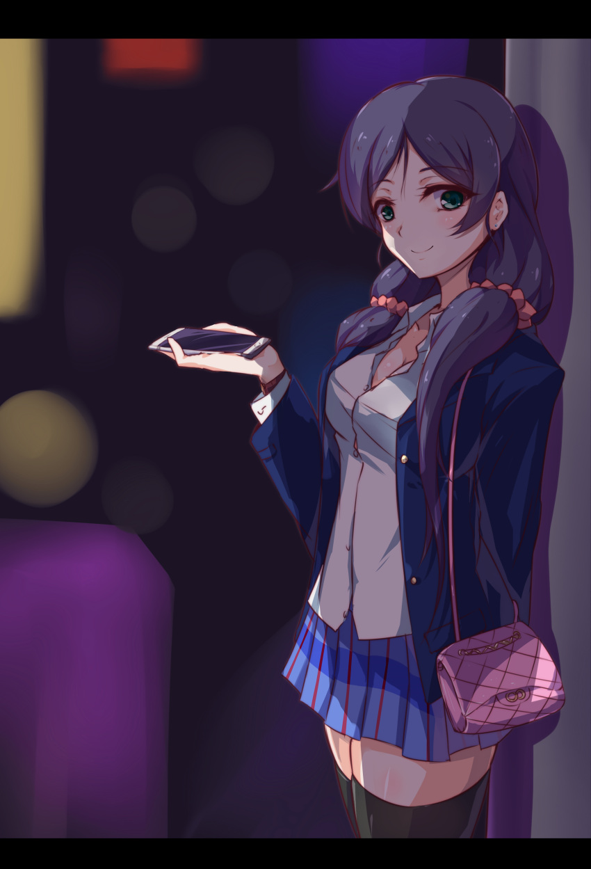 1girl absurdres arm_at_side black_legwear blazer breasts cellphone dedeyong green_eyes highres long_hair looking_at_viewer love_live!_school_idol_project phone pleated_skirt pov pov_eye_contact purple_hair school_uniform skirt smile solo standing thigh-highs toujou_nozomi twintails white_blouse
