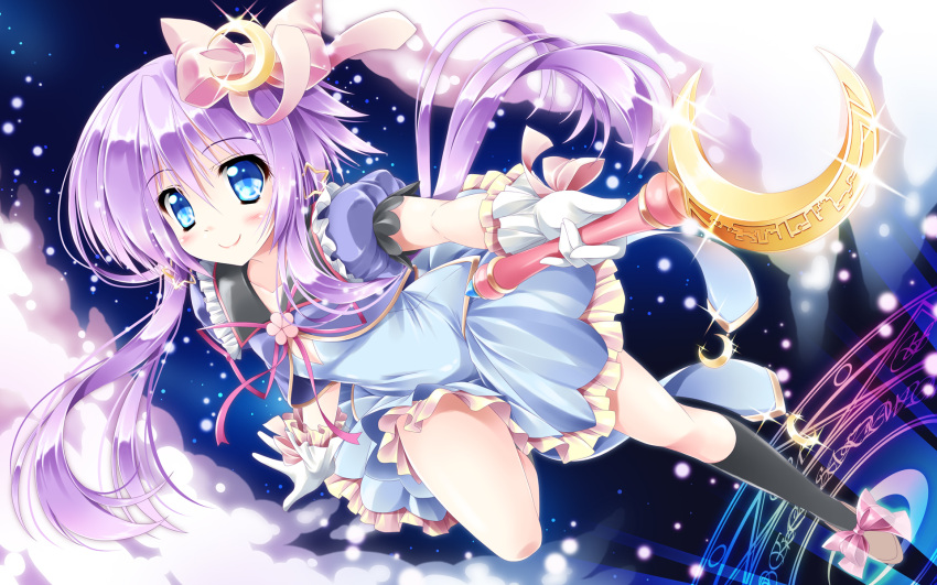 1girl alternate_costume baton blue_dress blue_eyes bow commentary_request crescent_hair_ornament dress gloves hair_bow hair_ornament highres kamiya_tomoe kantai_collection long_hair magic_circle magical_girl puffy_short_sleeves puffy_sleeves short_sleeves smile solo very_long_hair violet_eyes white_gloves yayoi_(kantai_collection)