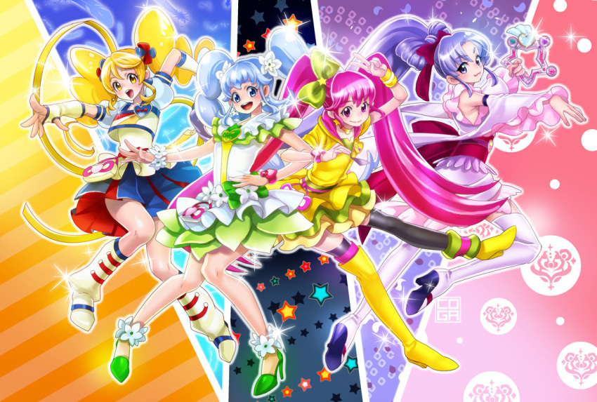 4girls aino_megumi alternate_form anmitsu_komachi blonde_hair blue_eyes blue_hair boots bow coga cure_fortune cure_honey cure_lovely cure_princess detached_sleeves fingerless_gloves flower fortune_tambourine gloves hair_bow hair_flower hair_ornament happinesscharge_precure! hikawa_iona knee_boots lollipop_hip_hop long_hair macadamia_hula_dance magical_girl mismatched_legwear multicolored_background multiple_girls oomori_yuuko pink_eyes pink_hair ponytail popcorn_cheer precure purple_hair shirayuki_hime shoes skirt smile thigh-highs twintails v violet_eyes wrist_cuffs yellow_eyes