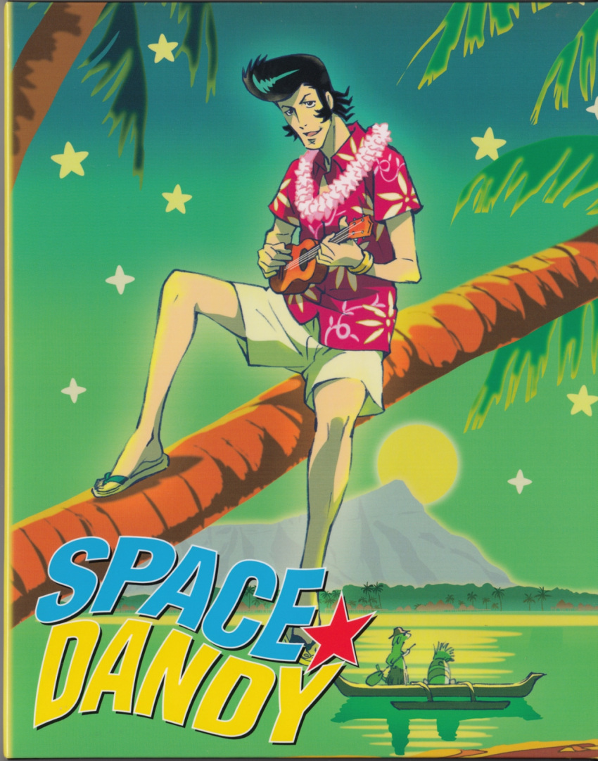 1boy boat copyright_name dandy_(space_dandy) flower flower_necklace hawaiian_shirt highres instrument jewelry male meow_(space_dandy) necklace palm_tree pompadour qt_(space_dandy) sandals shorts solo_focus space_dandy star tree ukulele