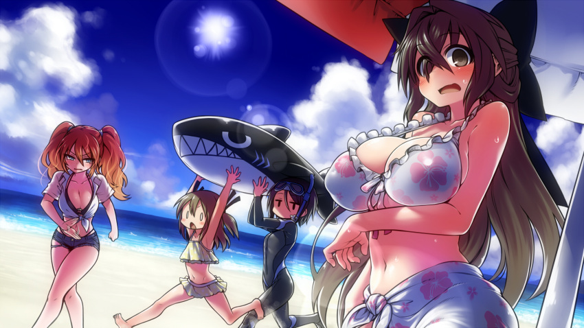 4girls aqua_eyes beach bikini black_bikini blush bow breasts brown_eyes brown_hair carrying chankodining_waka cleavage clouds diving_suit flat_gaze floral_print goggles hair_bow highres large_breasts long_hair multiple_girls o_o ocean open_mouth original short_hair sky snorkel sun swimsuit twintails