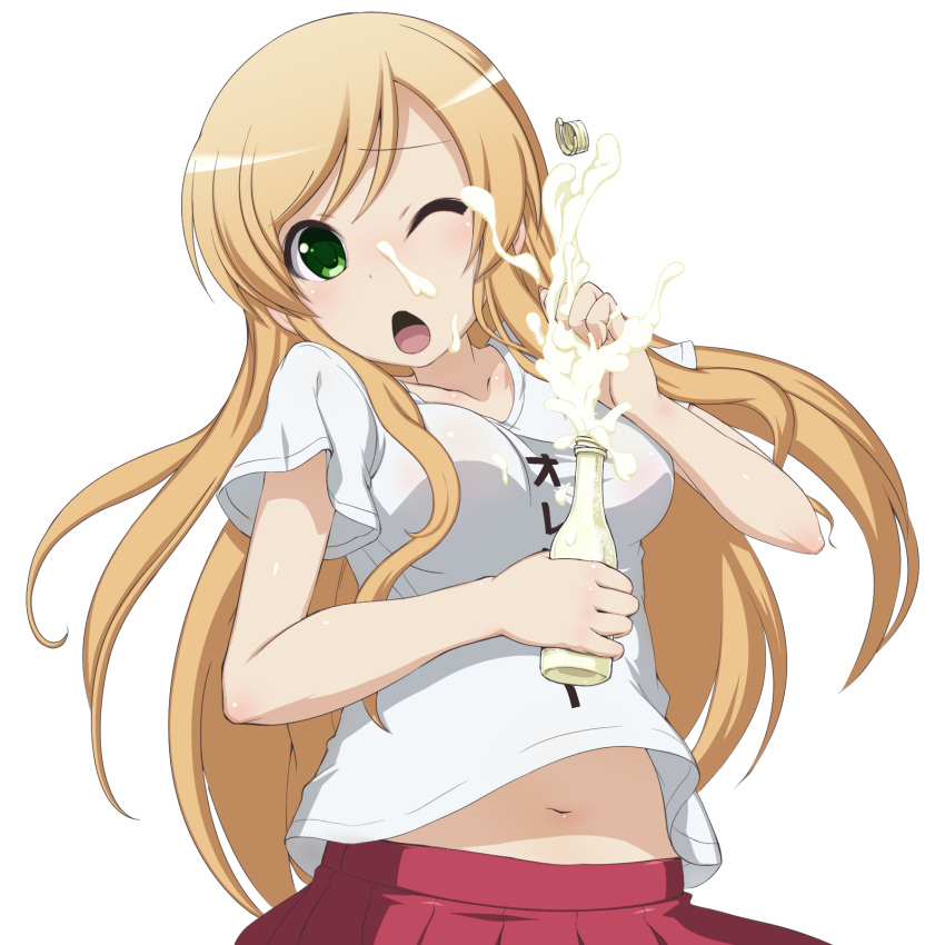 1girl blonde_hair blush breasts clothes_writing futsuu_no_joshikousei_ga_locodol_yattemita green_eyes highres kohinata_yukari long_hair mayonnaise messy open_mouth solo takeda_yukimura wince