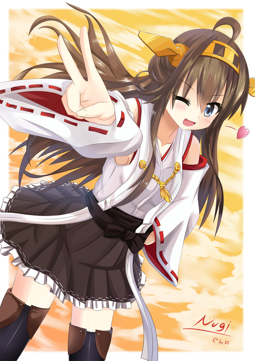 1girl :d ;d ahoge artist_name bare_shoulders black_skirt blue_eyes blush brown_hair cowboy_shot detached_sleeves double_bun dutch_angle fang frilled_skirt frills hairband hand_on_hip headgear highres japanese_clothes kantai_collection kongou_(kantai_collection) lace lace-trimmed_thighhighs long_hair looking_at_viewer nontraditional_miko nugi_(armenci) one_eye_closed open_mouth outstretched_hand pleated_skirt ribbon ribbon-trimmed_sleeves ribbon_trim skirt smile solo thigh-highs v zettai_ryouiki