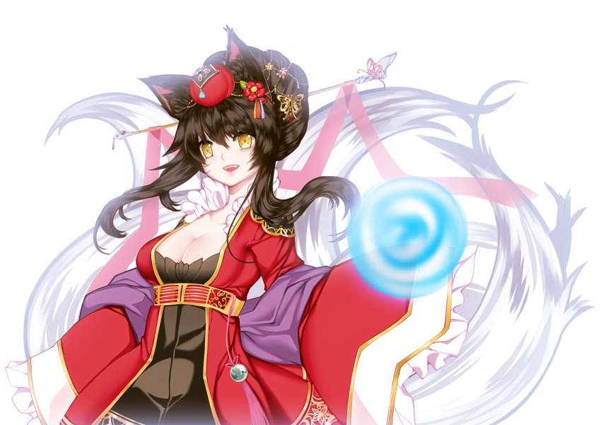 1girl :d ahri alternate_costume alternate_hairstyle animal_ears black_hair breasts cleavage dress energy_ball fox_ears fox_girl fox_tail frilled_sleeves frills hair_ornament hair_up highres league_of_legends long_sleeves multiple_tails open_mouth red_dress sleeves_past_wrists smile tail wide_sleeves yellow_eyes yuneeee