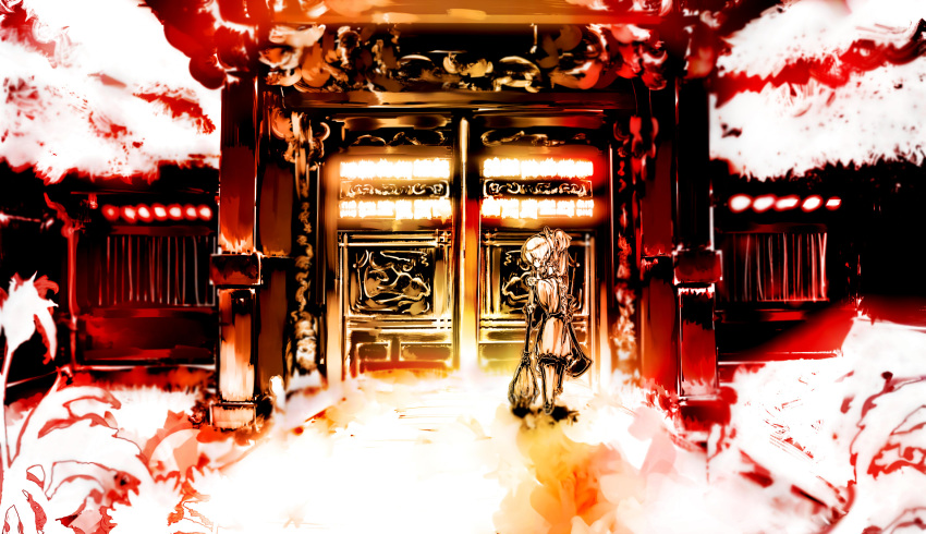 1girl bow broom cleaning gate hair_bow hakurei_reimu highres orange_(color) solo torii touhou yoshioka_yoshiko