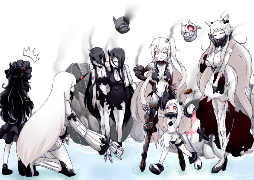 aircraft_carrier_hime battleship-symbiotic_hime floating_fortress_(kantai_collection) horns isolated_island_oni kantai_collection long_hair midway_hime multiple_girls northern_ocean_hime ogawa-syou pale_skin red_eyes seaport_hime shinkaisei-kan torn_clothes white_hair