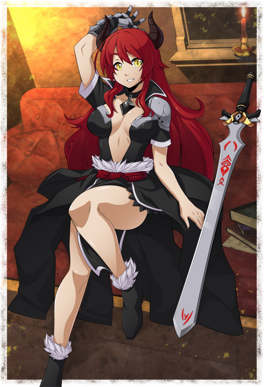 1girl absurdres ankle_boots boots borrowed_character breasts center_opening choker couch demon_girl female highres horns jewelry long_hair long_sword metal_gloves original pauldrons pendant redhead sash showgirl_skirt sideboob single_glove sitting smile solo spikewible sword very_long_hair weapon yellow_eyes