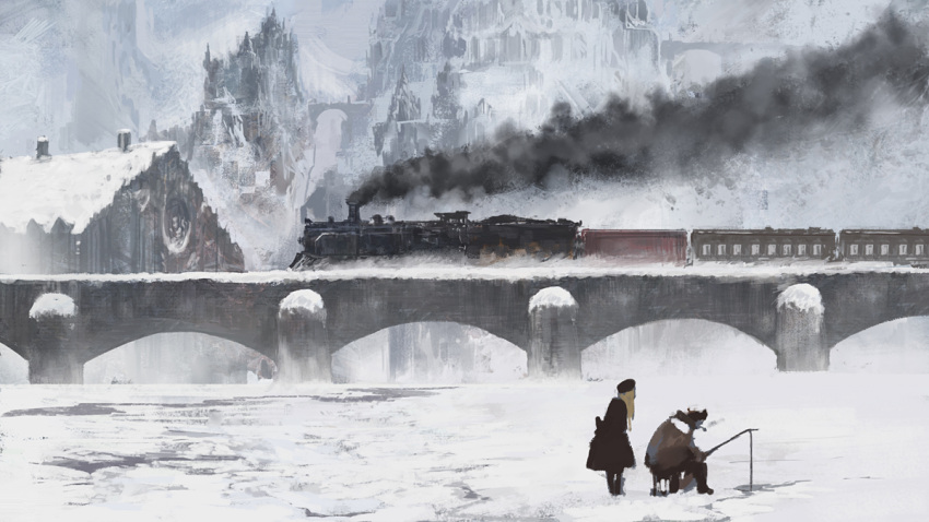 1boy 1girl blonde_hair bridge dress fishing fishing_line fishing_rod frozen_lake ice_fishing original pipe smoke snow steeple town train watching winter winter_clothes you_(shimizu)