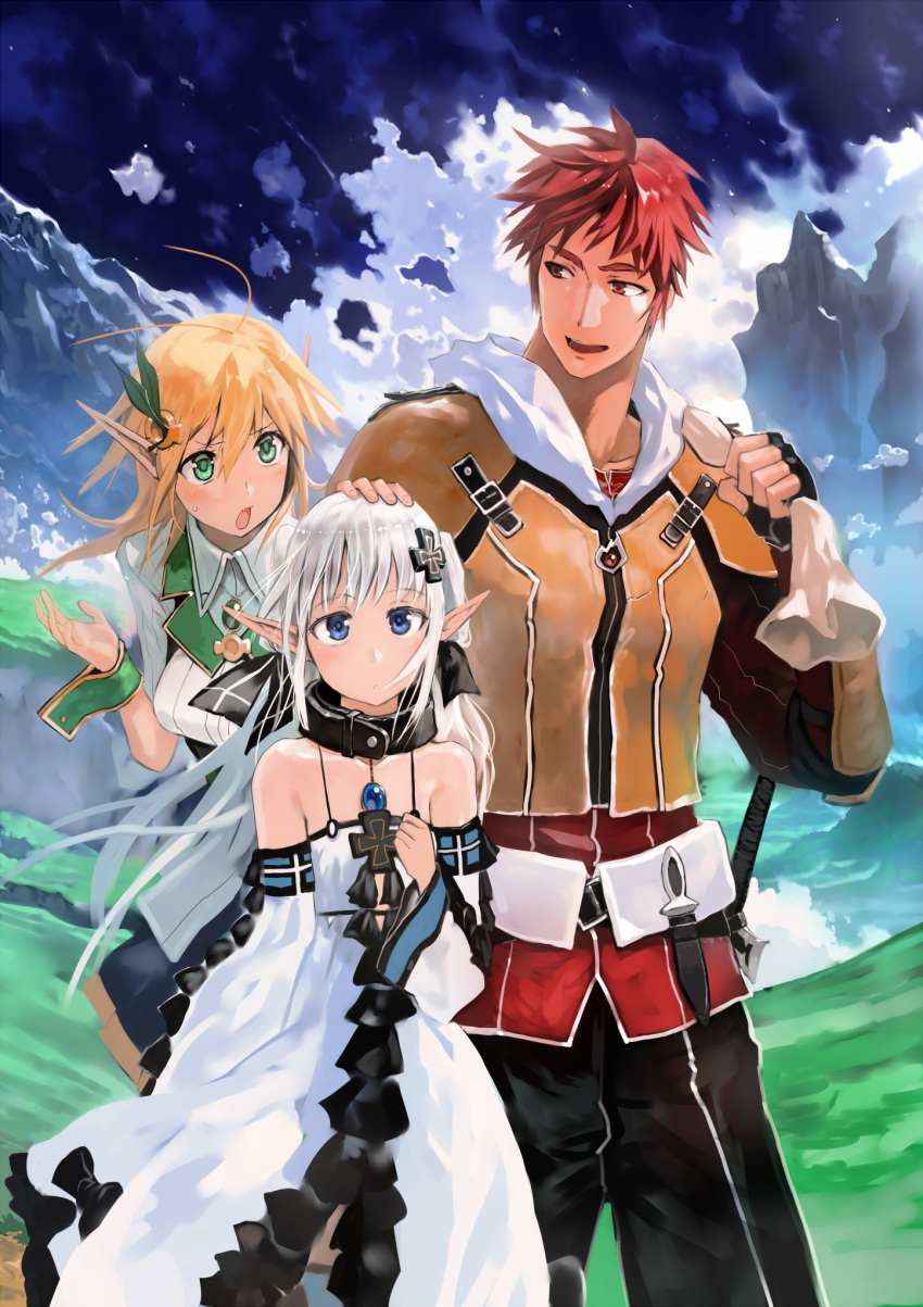 1boy 2girls :o amulet antenna_hair armor bare_shoulders blonde_hair blue_eyes bob_(biyonbiyon) breastplate clouds cloudy_sky collar commentary cuffs dagger dress fantasy fingerless_gloves gloves green_eyes hair_ornament hairpin hand_on_another's_head highres jewelry late-blooming_adventurer long_hair looking_at_another looking_back mountain multiple_girls necklace pauldrons pointy_ears red_eyes redhead sack short_hair silver_hair sky smile sweatdrop sword weapon white_dress wind