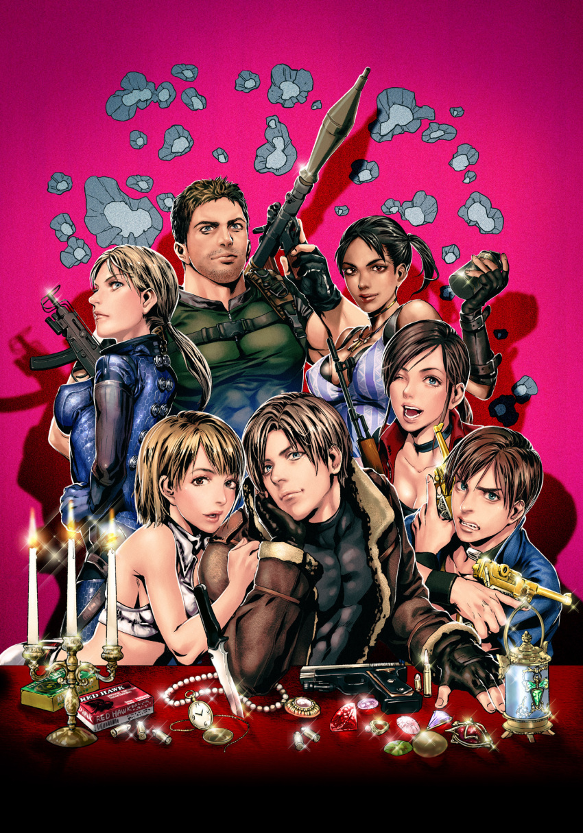 3boys 4girls abs ammo_box ashley_graham blonde_hair blue_eyes bomber_jacket breasts brown_eyes brown_hair candle candlestand choker chris_redfield claire_redfield cleavage cover cover_page dark_skin doujin_cover dual_wielding earrings elbow_rest explosive fingerless_gloves gloves grenade gun highres jewelry jill_valentine katou_teppei leon_s_kennedy lips looking_at_viewer multiple_boys multiple_girls necklace one_eye_closed open_mouth resident_evil resident_evil_4 resident_evil_5 resident_evil_code:_veronica rocket_launcher rpg sheva_alomar short_hair skorpion_vz._61 steve_burnside submachine_gun treasure watch weapon