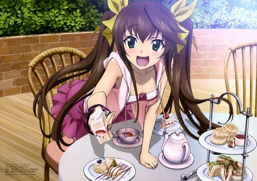 1girl absurdres brown_hair cake casual drink fang food green_eyes highres huang_lingyin infinite_stratos long_hair official_art open_mouth scones solo tea twintails very_long_hair