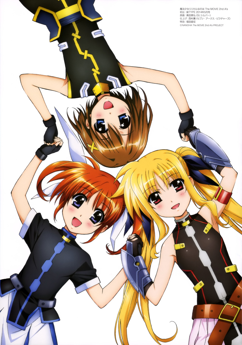 3girls absurdres blonde_hair blue_eyes blush brown_hair fate_testarossa fingerless_gloves gloves hair_ornament hairclip highres long_hair lying lyrical_nanoha mahou_shoujo_lyrical_nanoha mahou_shoujo_lyrical_nanoha_a's mahou_shoujo_lyrical_nanoha_the_movie_2nd_a's multiple_girls official_art on_back open_mouth red_eyes short_hair short_twintails takamachi_nanoha twintails yagami_hayate