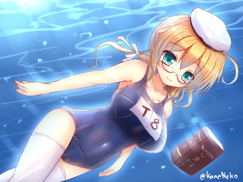 1girl ahoge aqua_eyes blonde_hair book breasts covered_navel female glasses hair_ribbon hat i-8_(kantai_collection) kane-neko kantai_collection large_breasts long_hair ribbon school_swimsuit solo swimsuit thigh-highs translated underwater