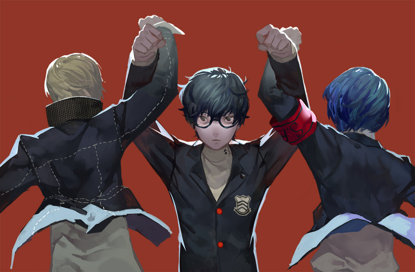 3boys arisato_minato blue_hair from_behind glasses hands_up kurusu_akira male multiple_boys nanaya_(daaijianglin) narukami_yuu persona persona_3 persona_4 persona_5 protagonist_(persona_5) school_uniform yuuki_makoto