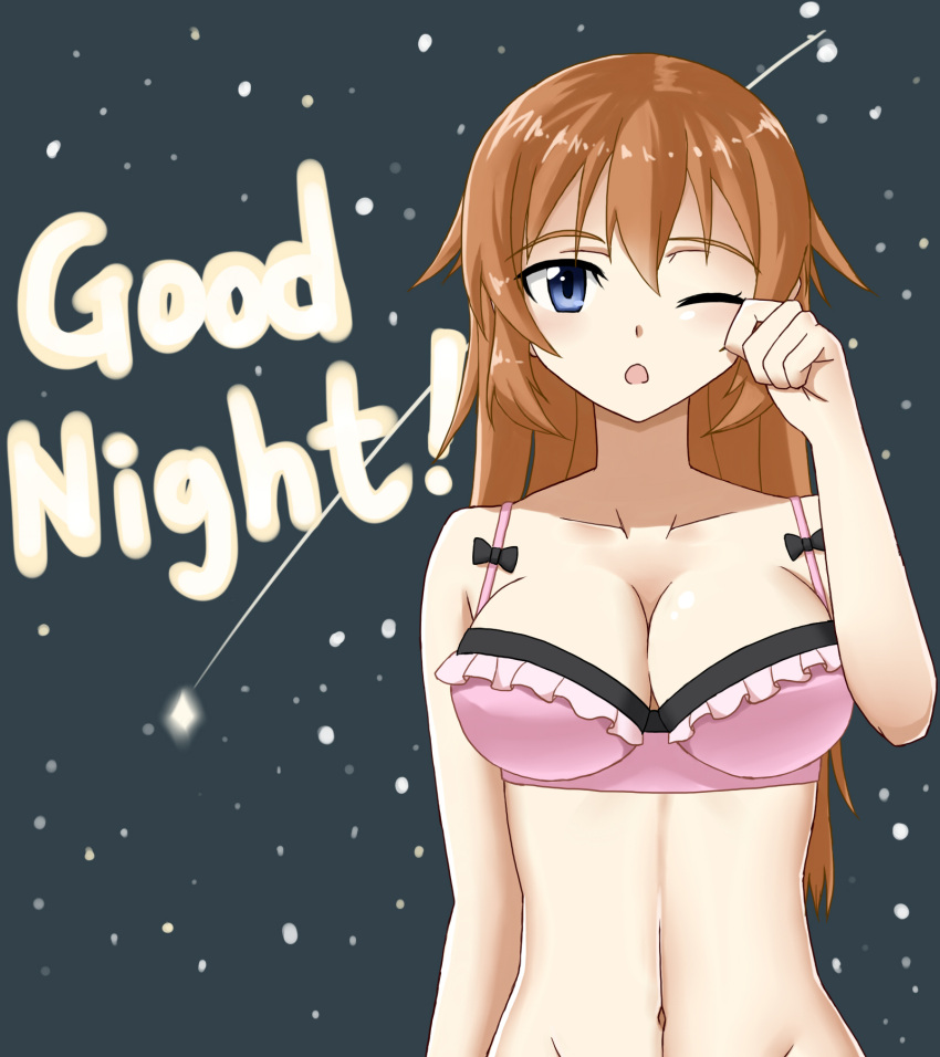 1girl bra breasts charlotte_e_yeager cleavage highres hiroshi_(hunter-of-kct) large_breasts midriff navel one_eye_closed sleepy solo star starry_background strike_witches underwear