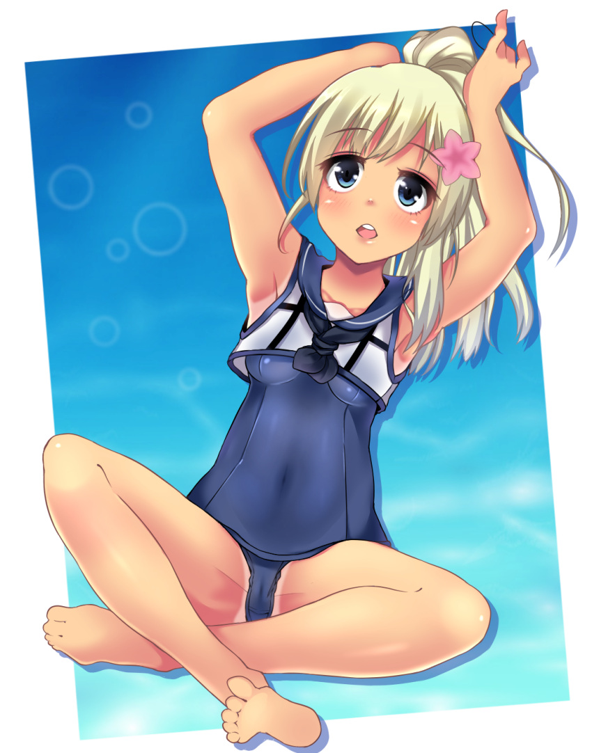 1girl alternate_hairstyle blonde_hair blue_eyes flower hair_flower hair_ornament highres indian_style kantai_collection long_hair ponytail ro-500_(kantai_collection) sailor_collar school_swimsuit sitting swimsuit tan tanline u-511_(kantai_collection)