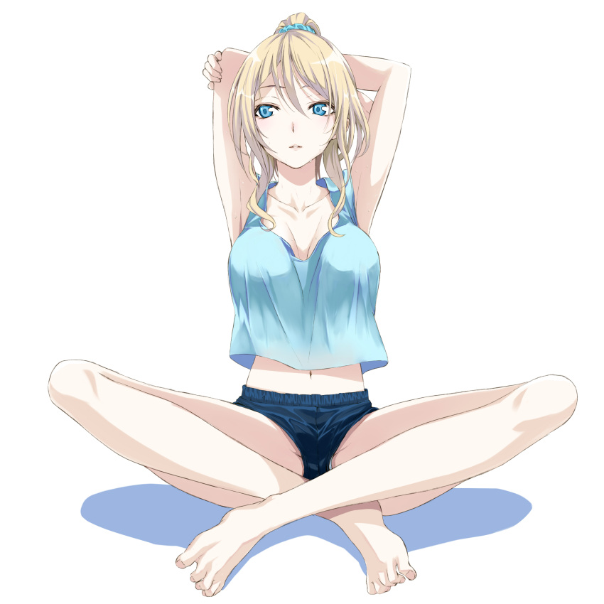 1girl absurdres armpits arms_behind_head arms_up ayase_eli bare_legs barefoot belly_peek blonde_hair blue_eyes breasts butterfly_sitting collarbone feet highres indian_style legs love_live!_school_idol_project navel ponytail short_shorts shorts simon_(n.s_craft) sitting solo stretch sweat tank_top toes white_background