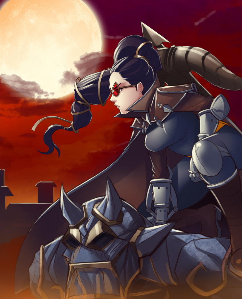 1girl armor black_hair bow_(weapon) breasts cape crossbow full_moon g138 galio gargoyle gauntlets hair_ribbon highres knee_pads league_of_legends lips long_hair moon multi-tied_hair nose one_knee over_shoulder red_glasses red_sky ribbon serious shauna_vayne sky solo sunglasses weapon weapon_over_shoulder
