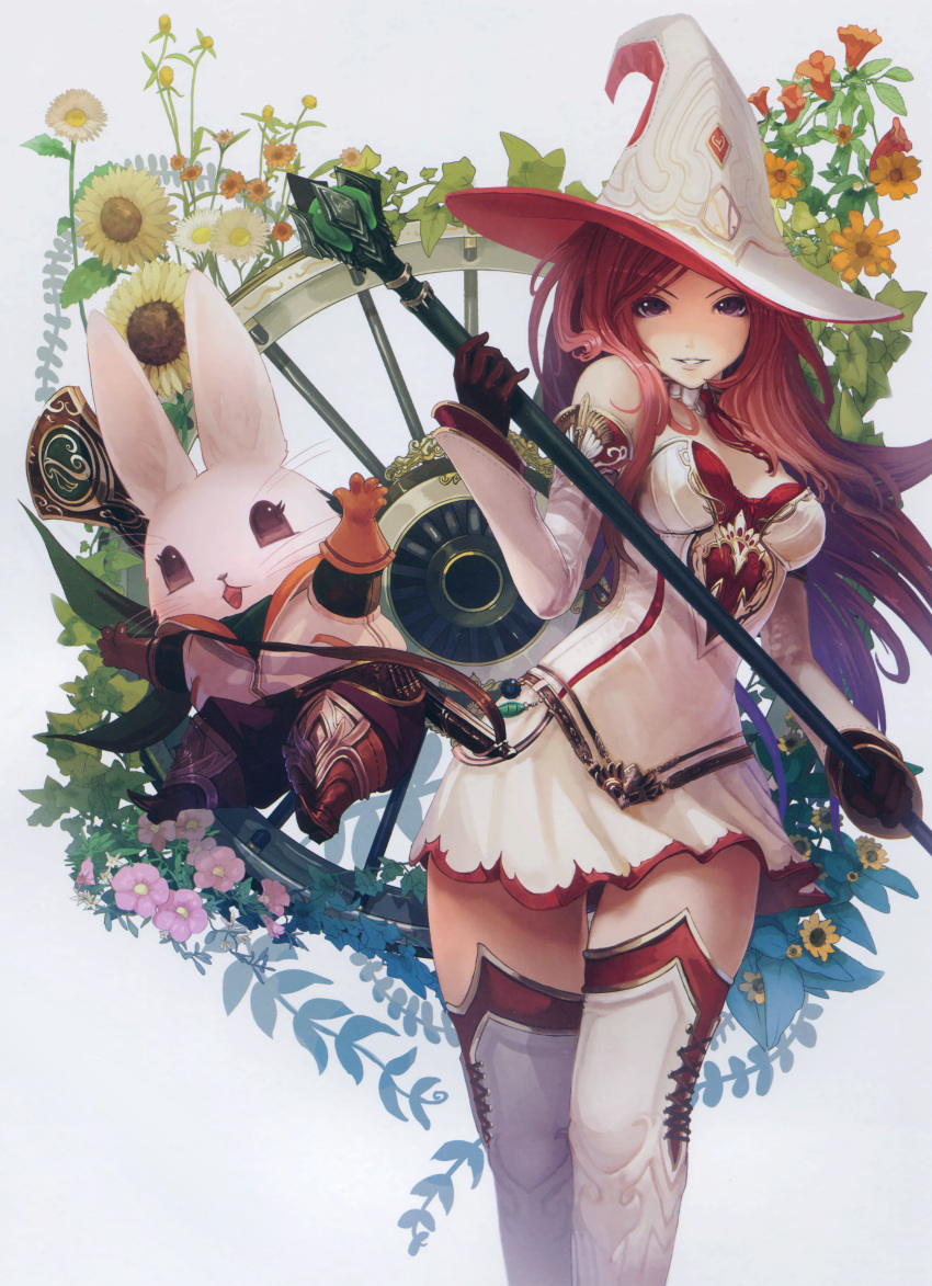 1girl absurdres breasts detached_sleeves dress gloves hat highres huge_filesize rabbit red_eyes redhead scan source_request staff tachikawa_mushimaro tagme thigh-highs wheel white_hair witch_hat