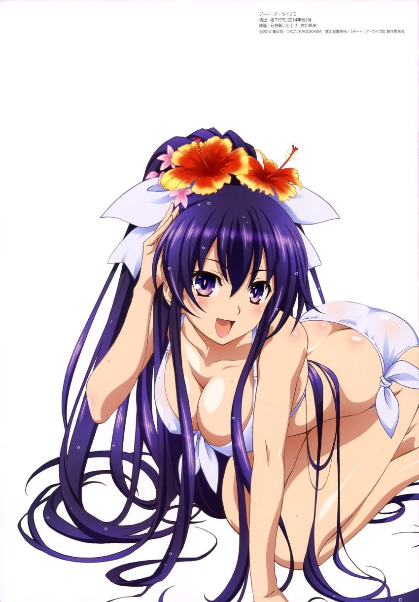 1girl :d absurdres all_fours bikini breasts cleavage date_a_live flower front-tie_top hair_flower hair_ornament hair_tucking highres long_hair official_art open_mouth payot purple_hair scan shiny shiny_skin side-tie_bikini simple_background smile solo swimsuit very_long_hair violet_eyes wet wet_hair white_background white_bikini white_swimsuit yatogami_tooka