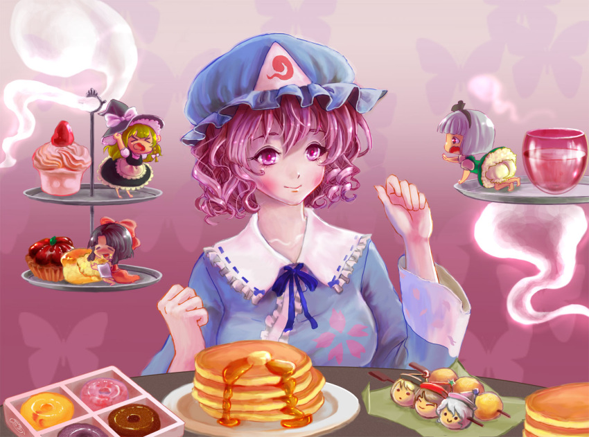 &gt;_&lt; 4girls black_hair blonde_hair butterfly cup dango doughnut food ghost hakurei_reimu hat kirisame_marisa konpaku_youmu lunasa_prismriver lyrica_prismriver merlin_prismriver minigirl mob_cap multiple_girls objectification pancake pink_eyes pink_hair plate saigyouji_yuyuko short_hair silver_hair sweets syrup touhou triangular_headpiece wagashi witch_hat