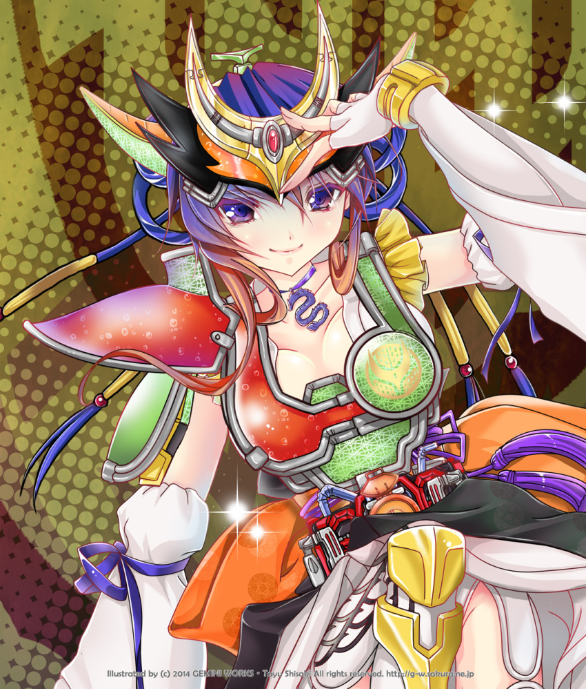 1girl armor blue_hair boots breasts cleavage detached_sleeves dragon energy_lock_seed female food fruit genderswap genesis_driver highres jewelry kamen_rider kamen_rider_gaim_(series) kamen_rider_zangetsu lock_seed melon multicolored_hair neck_ribbon necklace personification ponytail purple_hair ribbon rider-tan rider_belt shisaki_tayu skirt solo thigh-highs thigh_boots two-tone_hair violet_eyes weapon