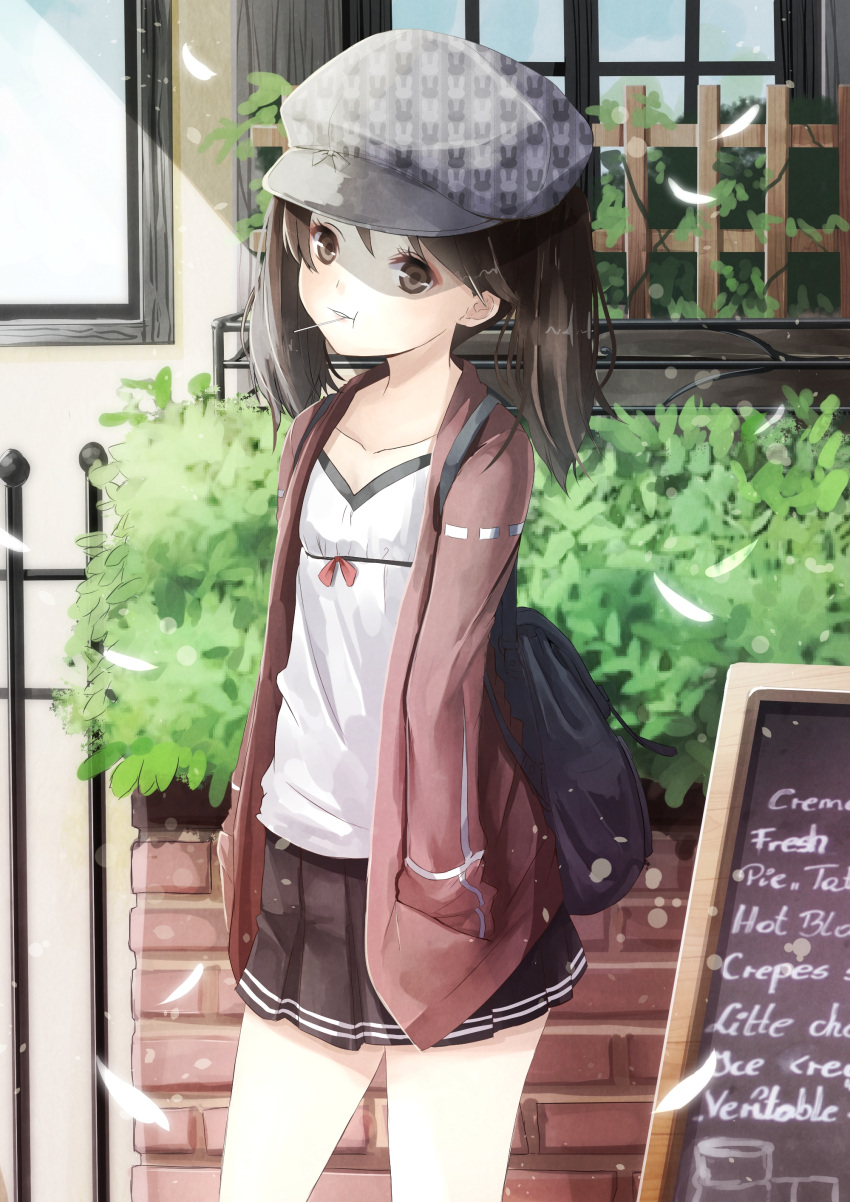 1girl :t absurdres adapted_costume alternate_costume backpack bag brown_eyes brown_hair bunny_print cabbie_hat chalkboard contemporary cowboy_shot flat_chest hands_in_pockets hat highres kantai_collection looking_at_viewer mouth_hold reio_reio ryuujou_(kantai_collection) short_hair skirt solo twintails