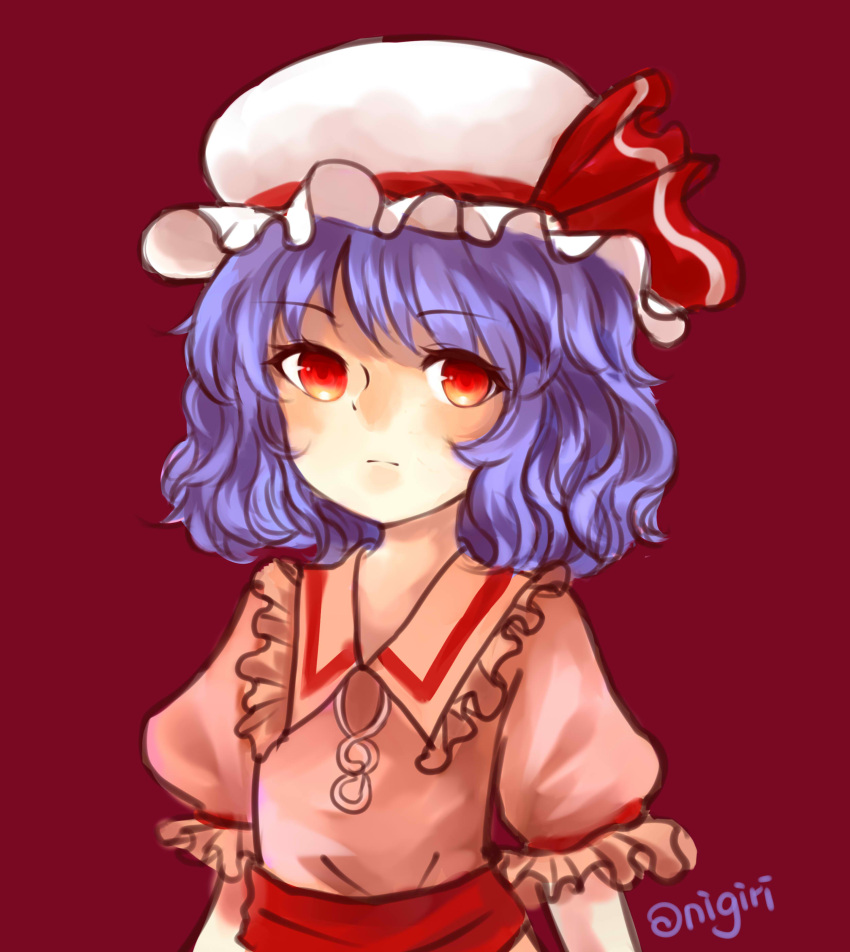 1girl absurdres blue_hair bust expressionless hat hat_ribbon highres meshi-dan mob_cap puffy_short_sleeves puffy_sleeves red_background red_eyes remilia_scarlet ribbon short_hair short_sleeves simple_background touhou wing_collar